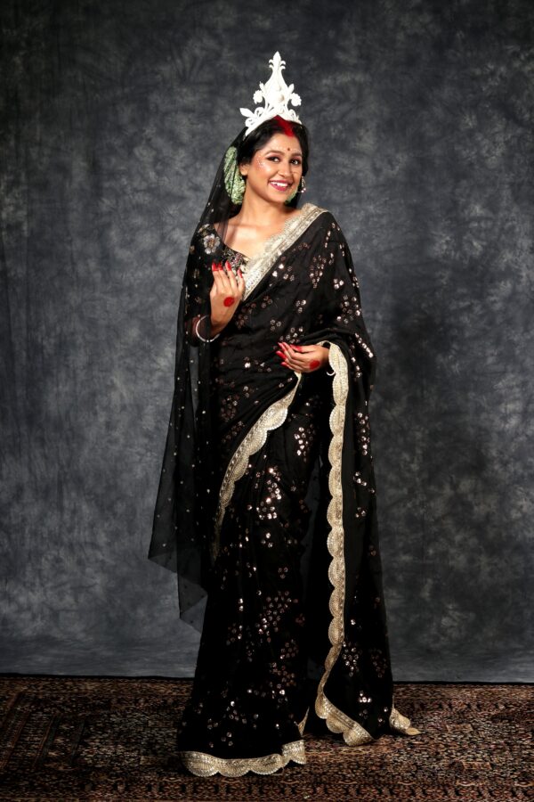 Black Bridal Embroidered Gorgette Saree