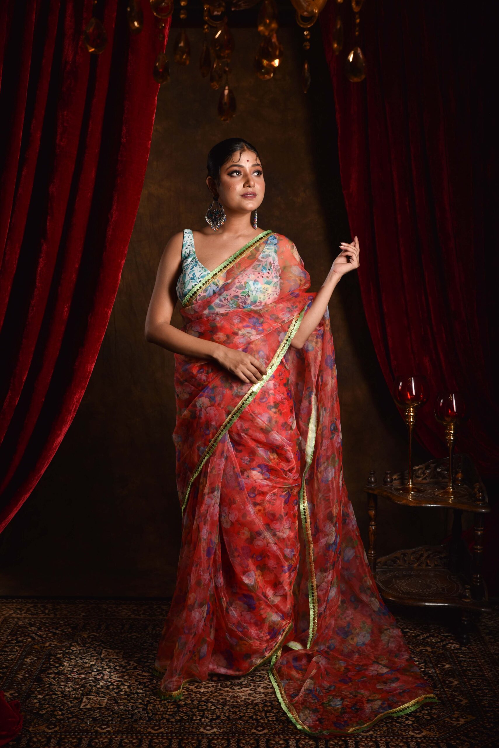 Grey and Red Floral Print Tussar Silk Trendy Saree buy online -