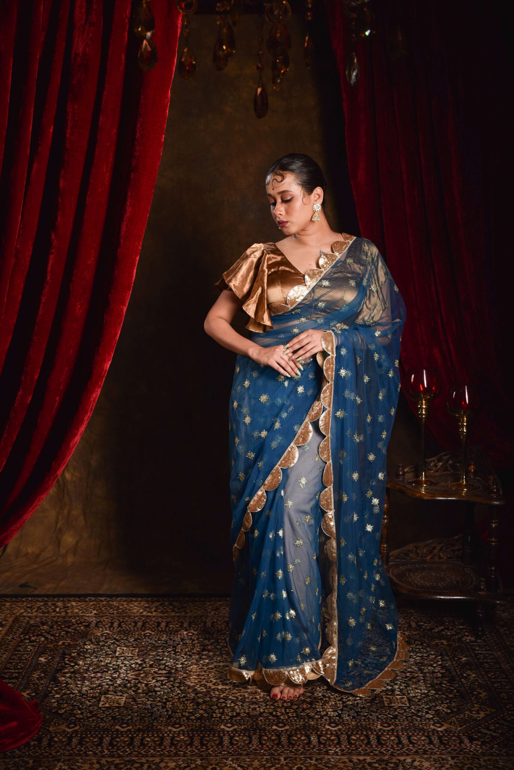 Blue Net Saree with embroidery work
