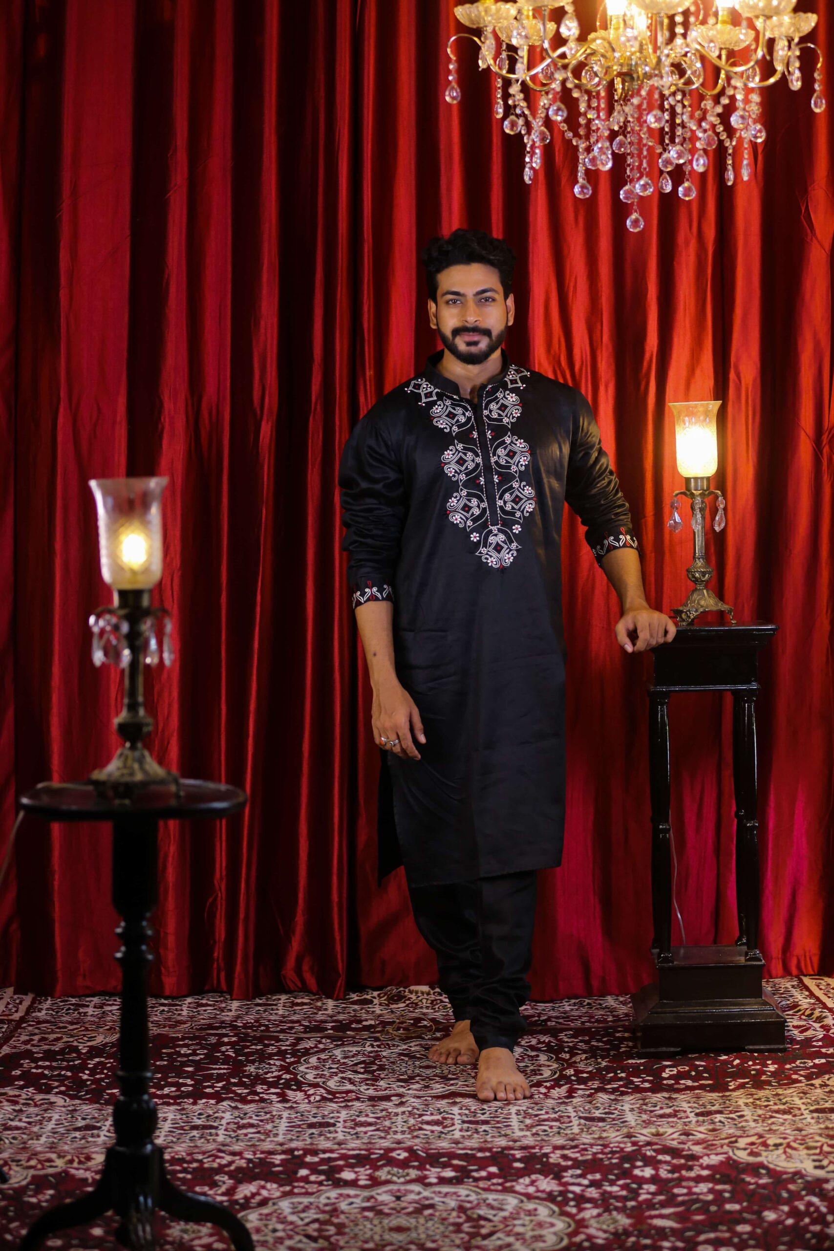 Black Kurta with red and white embroidery - Black In Vogue