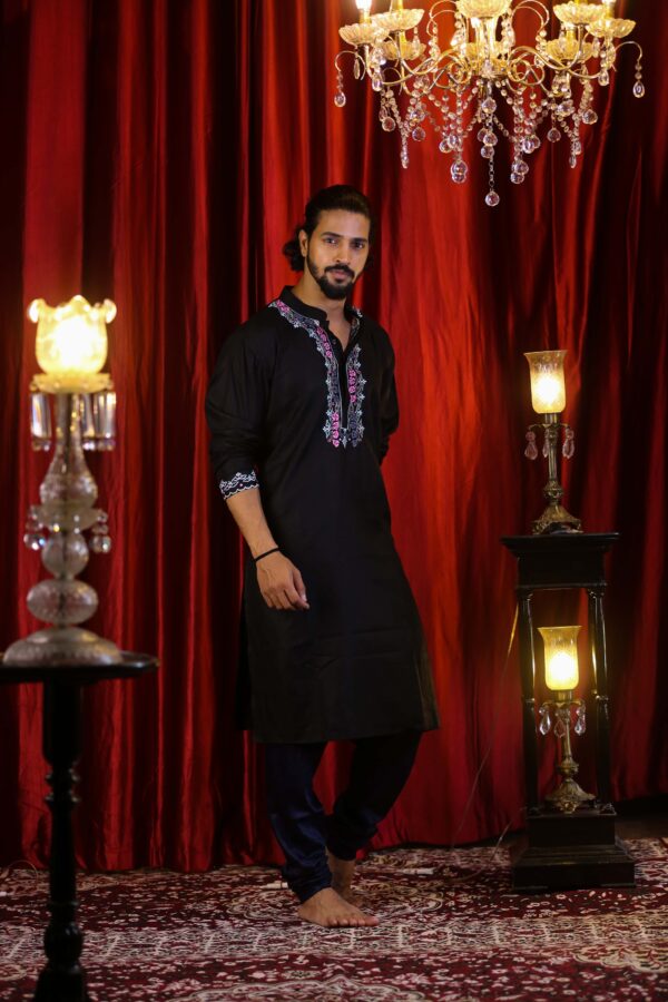 Black Kurta with pastel embroidery by black in vogue