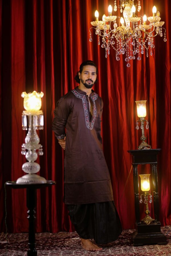 brown kurta with embroidery work by black in vogue