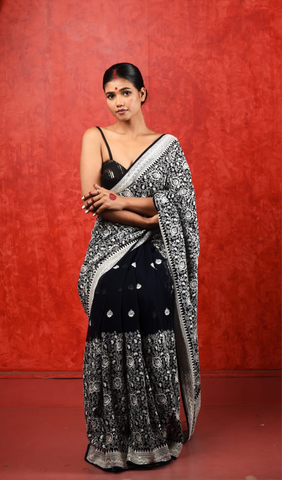 black chinon chikenkari saree