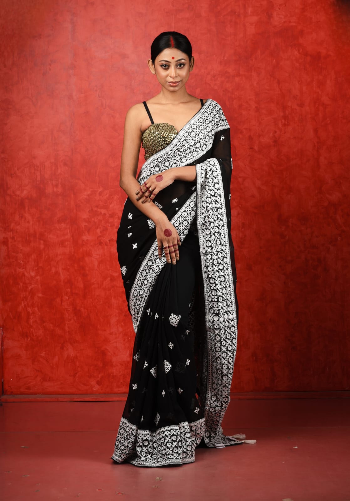 black georgette saree with white chikankari work