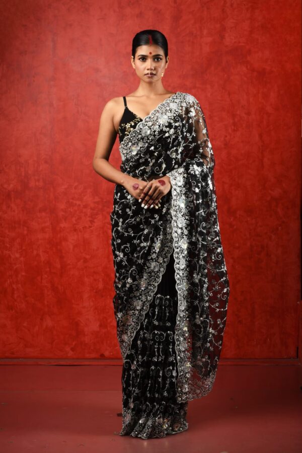 black organza saree with pearl & zari work