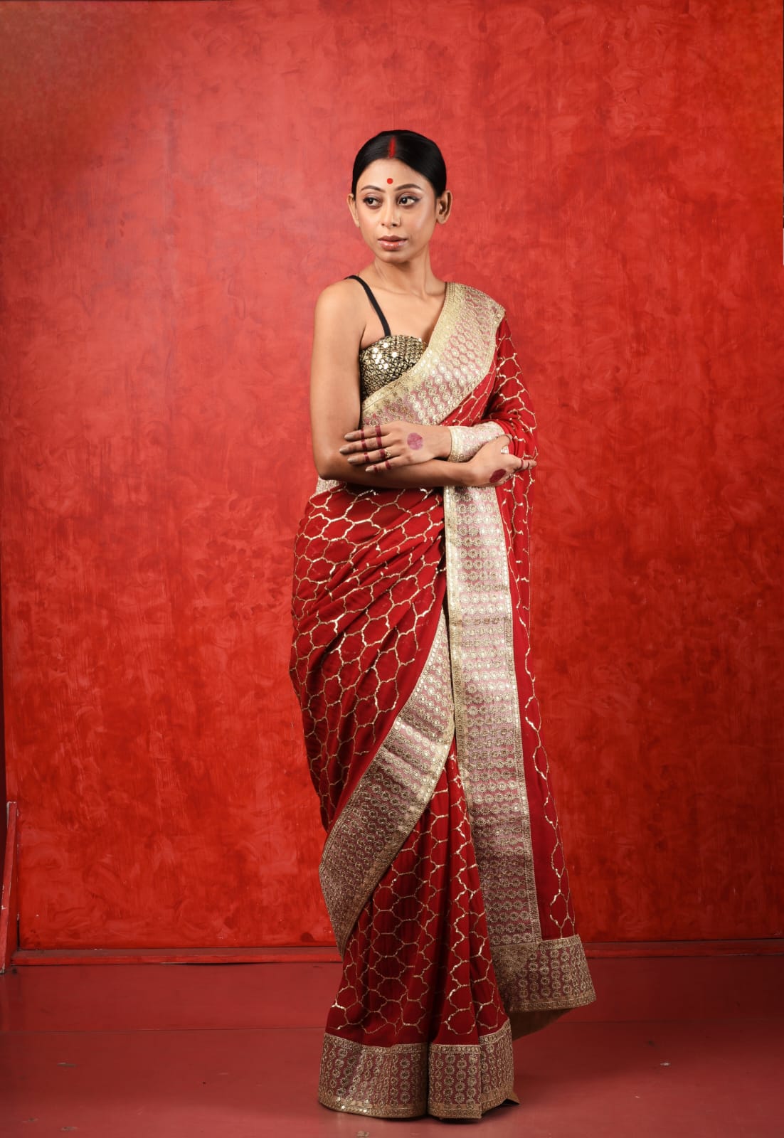 red chinon sequined saree