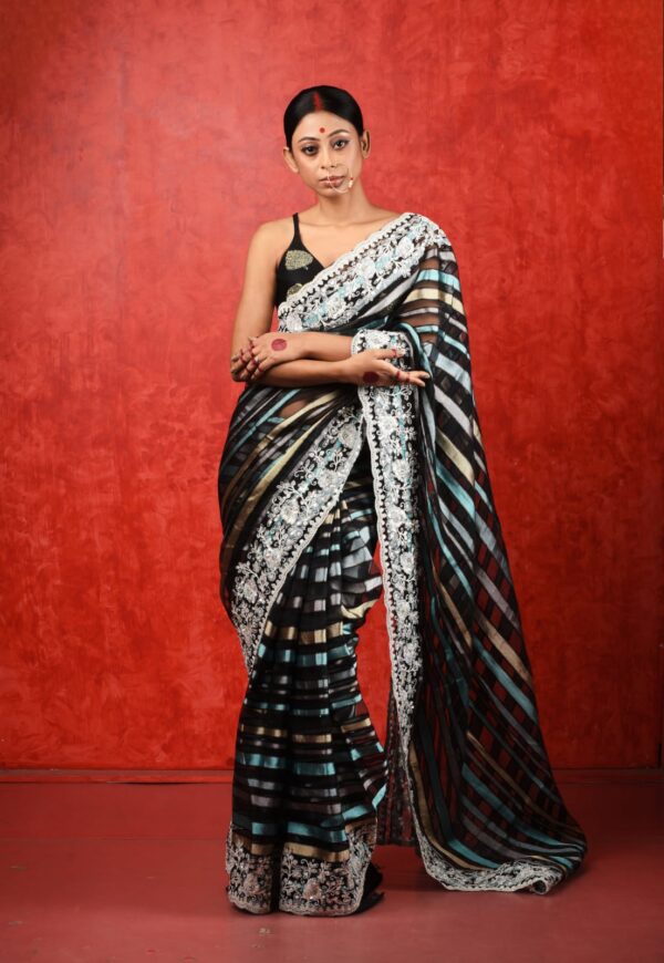 Your Majesty Black striped Organza Saree