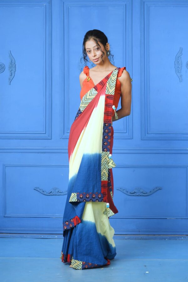 Utopia Red white and blue Cotton Saree