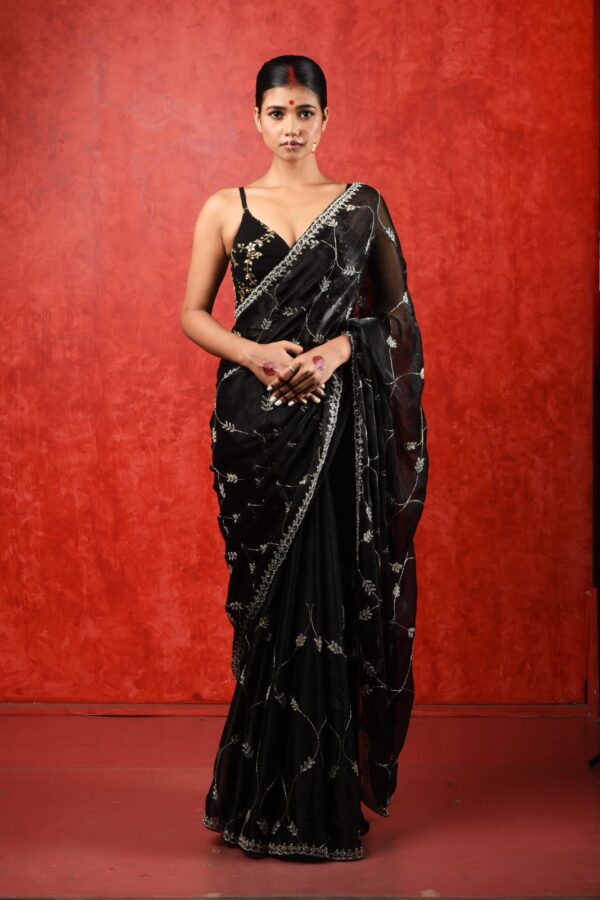 white sequin black tissue saree