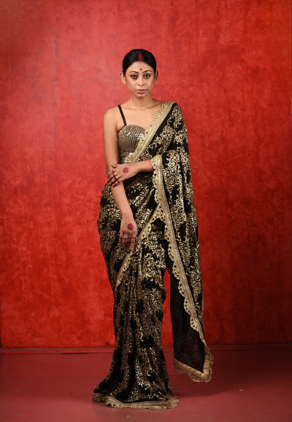 sequined chinon black saree